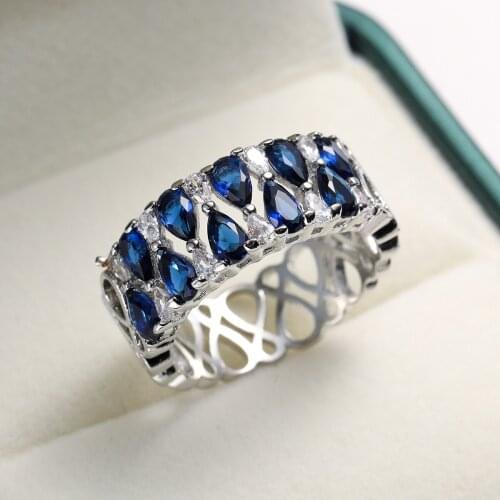 2020 New High Qualtiy Simple Honeycomb Lover Charms Pear-shaped Royal Blue Crystal Ring Shiny CZ Jewelry Finger Accessories
