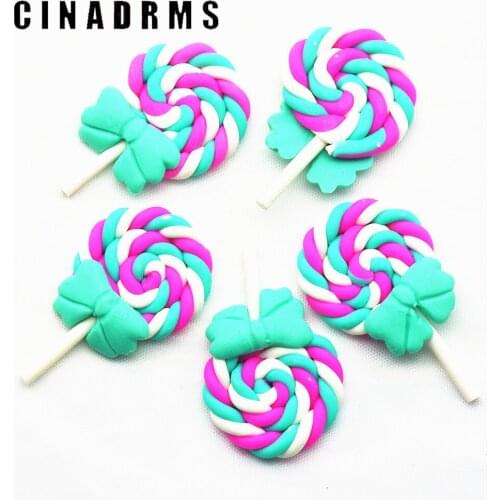 28mmX47mm Baby Shower Clay Lollipop with Baby Green Ribbon,Soft Clay DIY Embellishment Crafts,Fake Sweets Miniatures