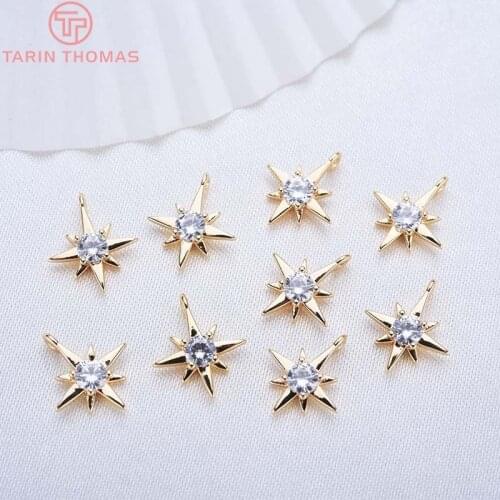 6PCS 11MM 24K Gold Color Plated Brass with Zircon explosion Six-star Charms Pendants High Quality Diy Jewelry Accessories