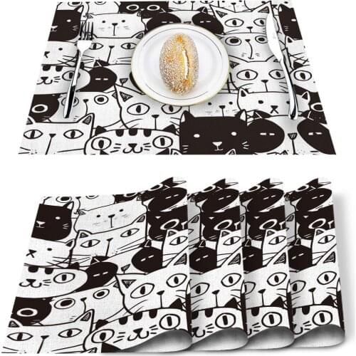 4/6pcs Placemats Animal Cute Black And White Cat Pet Art Dining Table Runner Place Mat in Kitchen Accessories Bar Mat Coaster