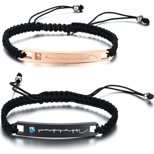 Couples rope chain bracelets for men&women boys&girls best friends handmade black string knit stainless steel diamond gifts