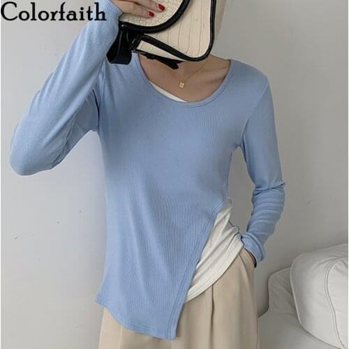 Colorfaith New 2021 Womens Spring Autumn T-shirt Bottoming Basic Fake 2 Piece Korean Fashion Wild Lady Irregular Tops T20427