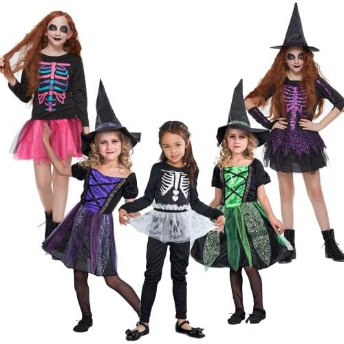 Reneecho Girl Witch Costume Kids Skeleton Dress Costume Halloween Costume For Child Bone Fancy Dress Purim Carnival Wear