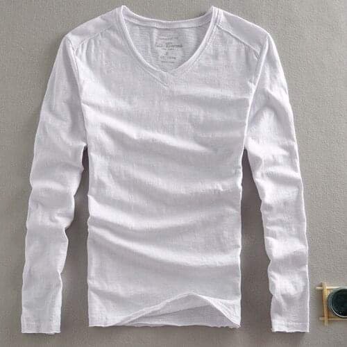 Summer New Long Sleeve T Shirt for Men Solid White Pure Cotton V-neck Tops Male High Quality Classic Basic Tees