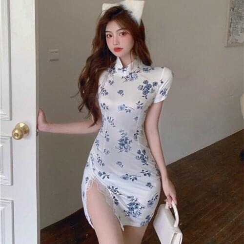 Real Shot 2021 New Fashion Womens Temperament Lace Short-Sleeved Print Modified Sheongsam Dress