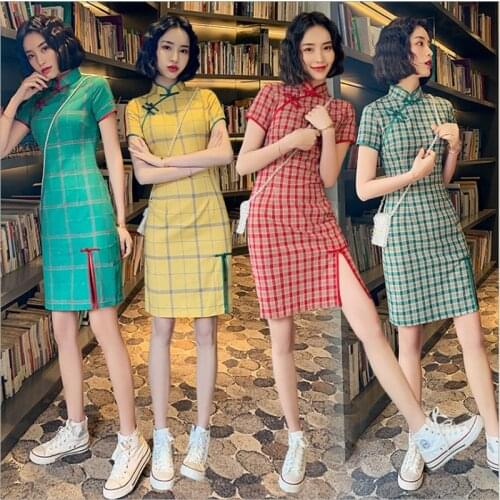 FZSLCYIYI Elegant Slim Chinese Vintage Short Sleeve Daily Dress Women Cotton Mini Qipao Sexy High Split Plaid Cheongsam