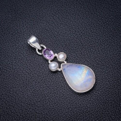 StarGems Natural Rainbow Moonstone Amethyst And River Pearl Handmade 925 Sterling Silver Pendant 1.75" E3834