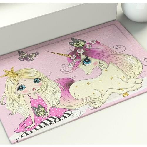 Pink Cartoon Mat Girls and Unicorns Bedroom Entrance Doormat Home Hallway Floor Decor Living Room Carpet Bathroom Anti-Slip Rug