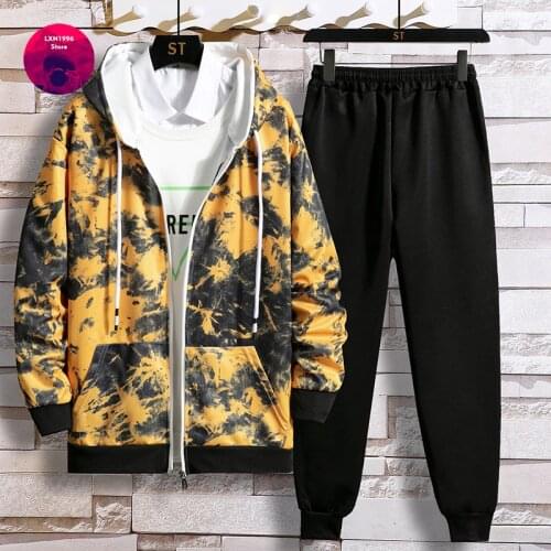 Spring Autumn Mens Sets Hip Hop Fashion Splash Ink Hooded Tracksuit Men+Elastic Waist Trousers 2021 Men Clothing Two Piece Sets