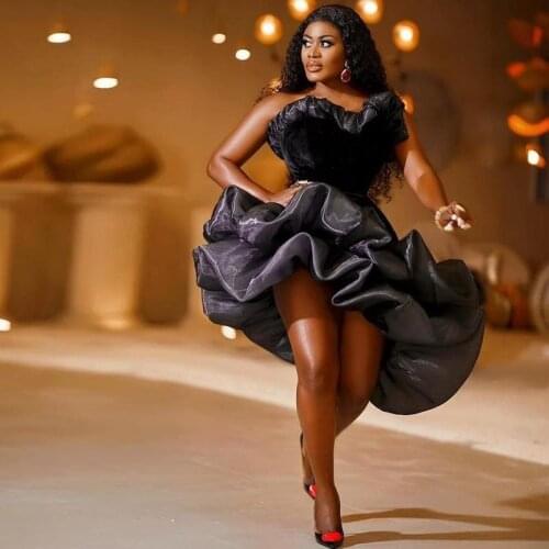 Asymmetrical Black Cocktail Dress Draped Mini Short Vestidos Velvet and Organza Party Dress Black Girls Formal Prom Gown