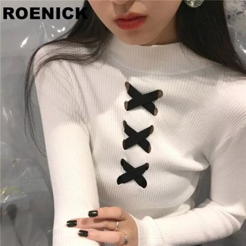 ROENICK Sweaters Pullovers Women Turtleneck Knitting Criss-Cross Sweater Womens Pullover Slim Elegant Trendy All-match Jumpers