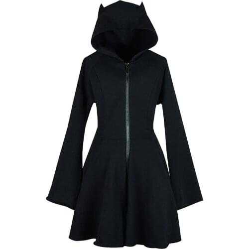 Harajuku Dark Black Sweatshirt Women Devil Cat Ear Lace Up Short Hoodies Goth Punk Cute Street Loose Pullover Femme