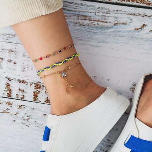 Tocona Summer Bohemian Wave Rope Colorful Crystal Layered Anklet Bracelet Set Women Anklets for women Boho Jewelry 8830