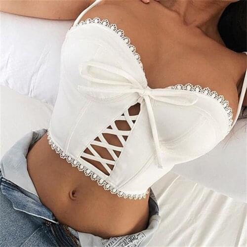 Hollow Out Bow Crop Tops Women Bandage Lace Up Camisole 2020 Sweet Hot Girl French Elegance Tank Tops Sleeveless Vest Cyber Y2k