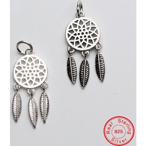 UQBing 100% 925 Sterling Silver Tassel Leaves Charm Beads Hollow Dream Catcher Pendant For Necklaces DIY Women Jewelry Findings