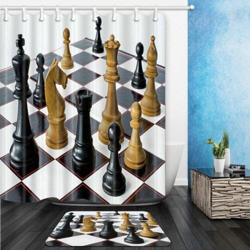 International Chess Shower Curtains Set Wooden Toy Pattern Print Bathroom Decor Home Bathtub Curtain and Flannel Mat Carpet