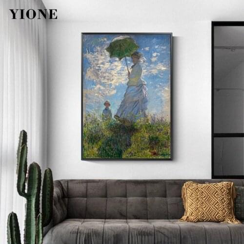 The Promenade Woman with Parasol Oil Painting Impression Outdoor Scenery Green Grass Blue Sky Prints Picture Wall Art Poster