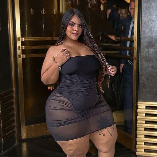 Large Size Women Clothing Strapless Mesh Mini Dress Bodycon Black Dresses Party Transparent Sexy Plus Size Dress Dropshipping