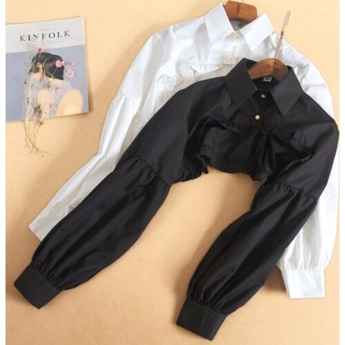 Women Puff Long Sleeve Half Top Blouse Ruffled Golden Button Detachable False Fake Collar Sweater Decorative Accessories