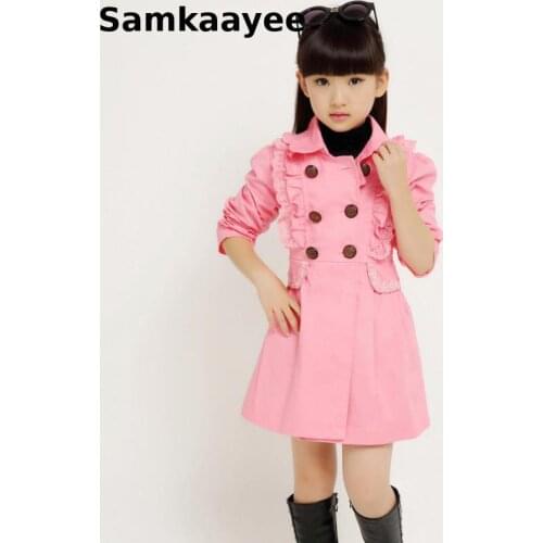 6-12y Girls Trench Spring Autumn Kids Long Jacket Windbreaker Childrens Solid Color Coats Double-Breasted Falbala Clothing Y55