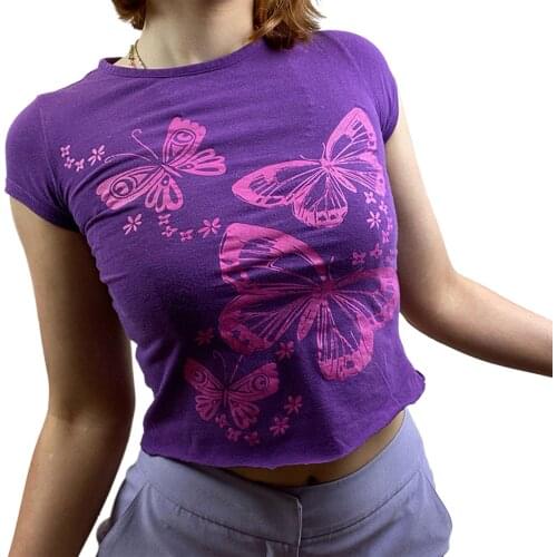 Summer Womens Fashion Casual Crew Neck Crop Tops Short Sleeve Butterfly Floral Print Slim Fit Exposed Navel Purple T-Shirts