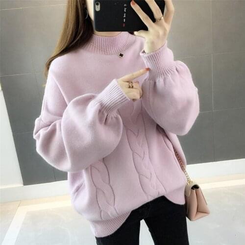 Winter Loose Half Turtleneck Knitting Sweater Women Korean Tops Loose Puff sleeve Jumpers Ladies 6 Color Knitted Pullover Female
