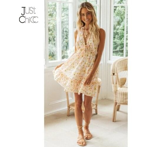 Justchicc Floral Pirnt V-neck Summer Dress For Women Lace Up Ruffles Mini Beach Dress Spaghetti Strap Holiday Vestidos 2021