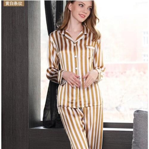 19 momme Fashion striped 100% silk pajamas sets womens sleepwear long sleeve noble pyjamas women skimpy pijamas mulheres T8131