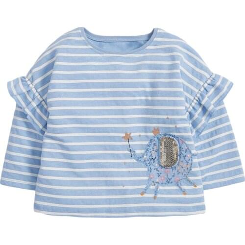 Kids 2021 Autumn New Baby Girl Fall Clothes Children Blue Striped Tops Elephant Casual Cotton T Shirt for Toddler Girls 2 To 7