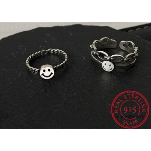 2021 Simple Lucky Keep Smilely Face Vintage Finger Rings For Female Jewelry 925 Sterling Silver Link Chain Punk Style Party Gift