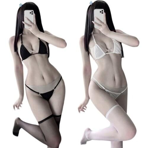 3 Pieces/Set Ice Silk Bikini Sexy Lace Up Unlock Thong Halter Bra Roleplay Costumes Underwear with Stockings for Womens