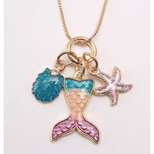 2020 Enamel Children Necklaces Box Chain Seahorse Conch Shell Multi Color Mermaid Tail Pendant Necklace
