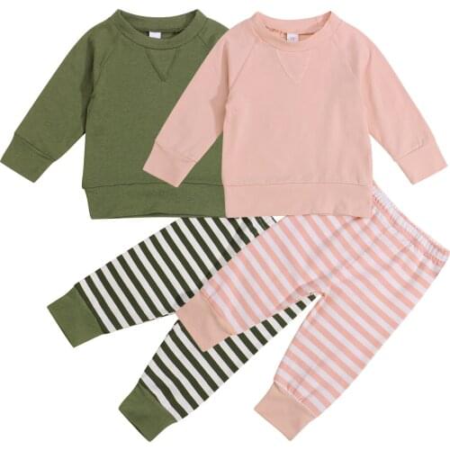 FOCUSNORM 0-12M Newborn Baby Girls Boys Clothes Sets 2pcs Solid Long Sleeve Sweatshirt Tops Striped Pants 2 Color