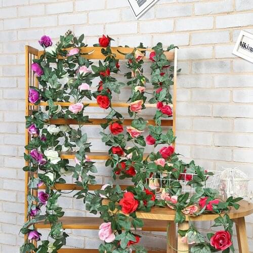 16 flowers Fake Silk Rose Vine Artificial Flowers Hanging Ivy Garland for Wedding Home Office Party Garden Craft Decor Outdoor