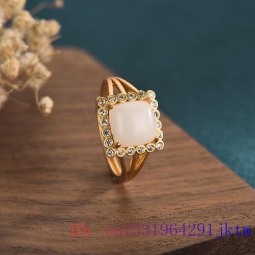 White Jade Ring Charm Natural 925 Silver Women Gemstone Jewelry Chalcedony Zircon Men Gifts Amulet Crystal Fashion