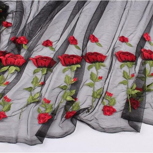 Red Floral Rose Lace Fabric Bilateral Embroidered net Fabric Bridal Wedding Dress