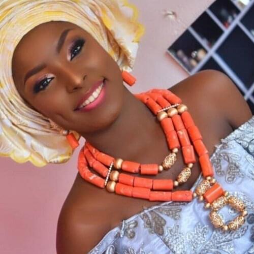 Trendy African Beads Jewelry Set Nigeria Wedding Coral Beads Necklaces 3 Layers Necklace Set with Gold Balls Dubai Set Free Ship