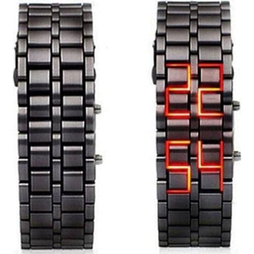 Fashion Black Full Metal Digital Lava Wrist Watch Iron Metal Red LED For Men Boy Sport Simple Wathes