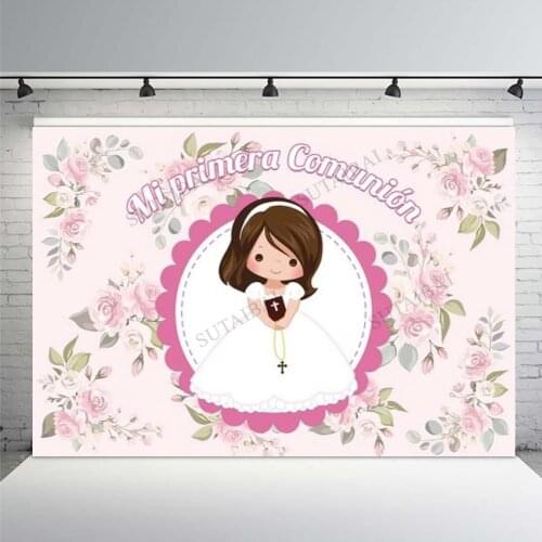 My First Communion Girl Decoration Photo Background Baptism Pink Flowers Custom Vinyl Photophone Mi Bautizo Baby Shower Backdrop