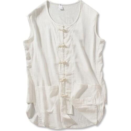 Mens sleeveless T-shirt Chinese Yongchun Kungfu suit linen large buckle Tang suit