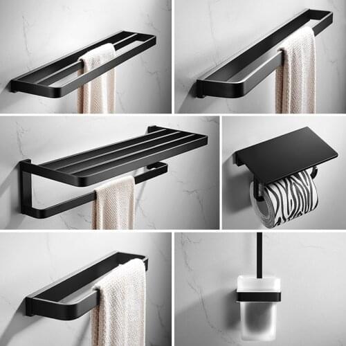 Bathroom Accessories Set Towel Rack Corner Shelf Paper Holder Hooks Toilet Brush Holder Towel Rail Black Bathroom Hardware set