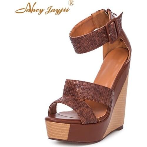 Nancyjayjii 2021 New Arrival Mature Faux Leather Women Sandals Womens Wedge High Heels Shoes Woman High Heel On Sale Plus Size