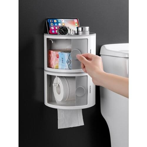Nordic Wall Mounted Punch-free Adhesive Toilet Paper Box Home Bathroom Tissue Box Plastic Dressing Table Multi-Layer Storage Box
