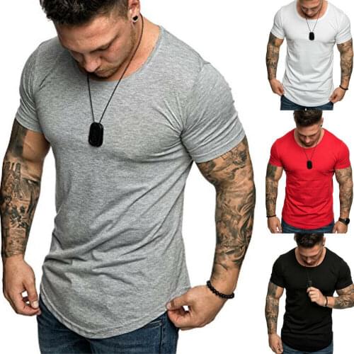 2019 Summer New Mens Casual Fitness Solid Cotton Short Sleeve O-Neck Gym Muscle Slim Bodybuilding Workout Hip-Hop T-shirt
