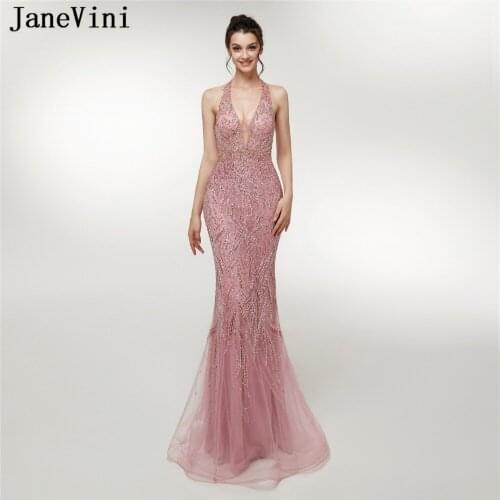JaneVini Charming Prom Dress Luxury Crystal Beaded Dubai Tulle Bridesmaid Dresses Halter Backless Mermaid Sexy Party Prom Gowns