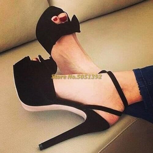 Platform Peep Toe Suede Sandals Thin High Heel Ankle Buckle Black Dress Shoes Butterfly Knot Open Toe Summer Women Shoes