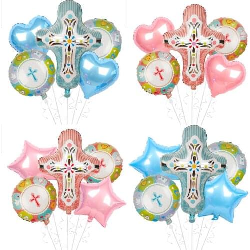 5pcs/set Babys Baptism Balloons First Christening Baby Shower Pink Blue Boy Girl Party Decoration God Bless Cross Easter Ballon