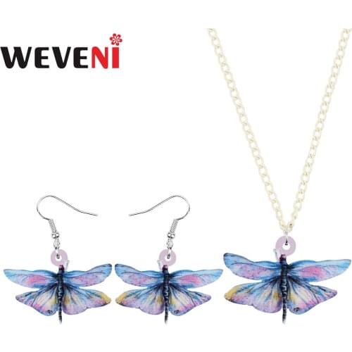 WEVENI Acrylic Sweet Blue Dragonfly Jewelry Sets Animal Insect Necklace Earrings For Women Girls Kids Fashion Gifts Accessories