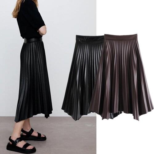 Womens Skirt Faux Leather Pleated Vintage Za Fashion 2021 Skirt Female Long High Waist Black PU Mujer Skirts