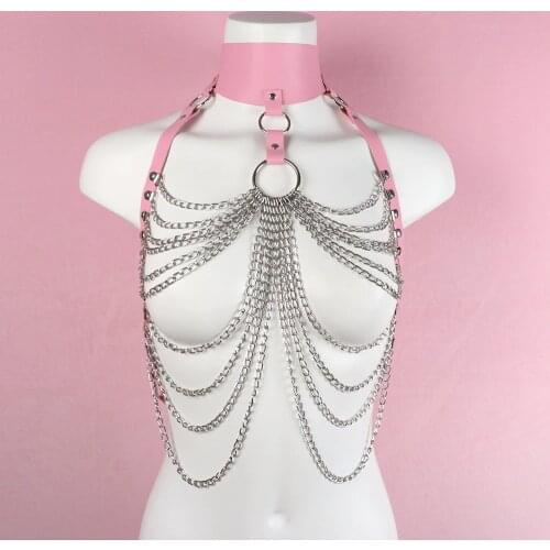 Womens Harness Bra Pink Leather Chest Bondage Lingerie with Metal Link Chain Tassels Gothic Underwear Neck To Waist Belt Fetish